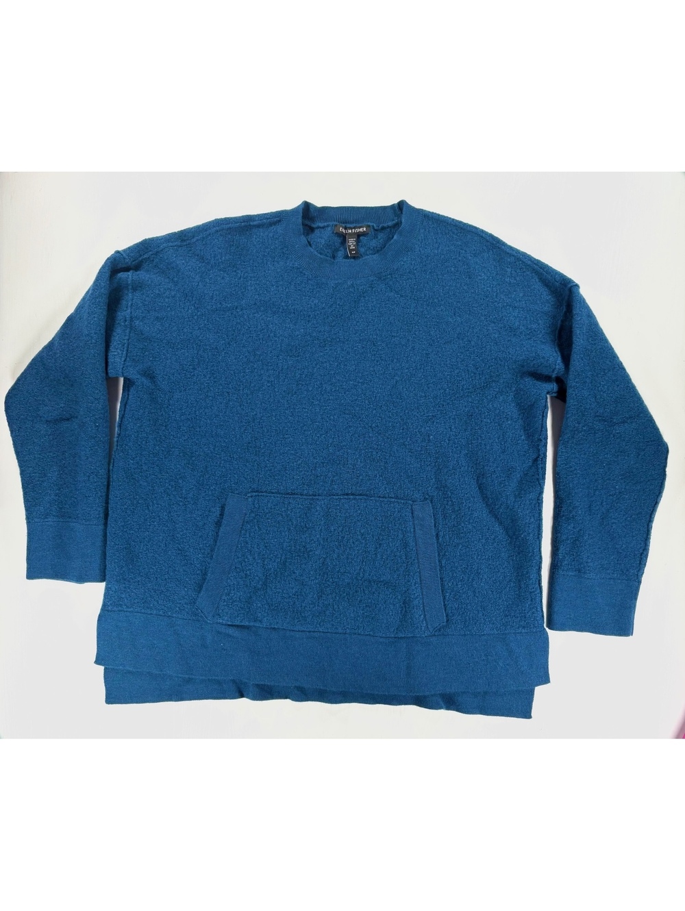 Eileen Fisher Blue Boiled Wool Kangaroo Pocket Pullover Sweater